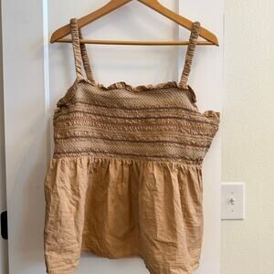 Old Navy Smocked Bodice Tank Top XXL Beige Sleeveless Ruffle Trim Cotton Boho